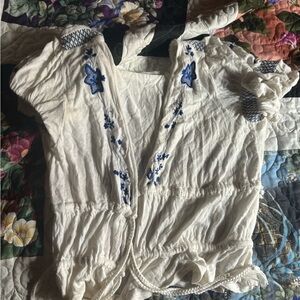 Urban outfitters peasant puff sleeve embroidered top tied up front